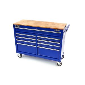 blauer Werkstattwagen mit Holzarbeitsplatte