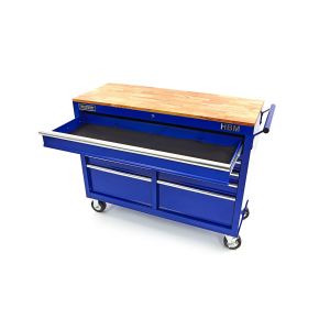 blauer Werkstattwagen mit Holzarbeitsplatte