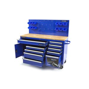 Hochwertiger, preisgünstiger Werkstattwagen - Werkzeugwagen mit Schubladensystem, Rückwand und Holz - Arbeitsplatte