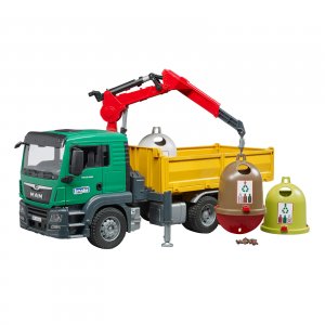 BRUDER Spielzeug MAN TGS LKW mit Ladekran 3 Altglascontainern und Flaschen 03753