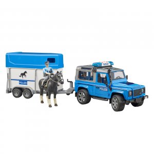BRUDER Land Rover Defender Polizeifahrzeug + Pferdeanhänger Pferd Polizist 02588