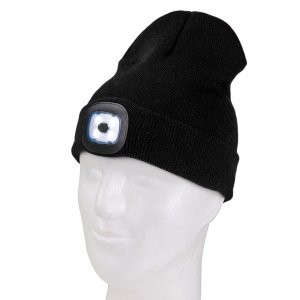 Strickmütze Mütze Beanie Wintermütze schwarz m. LED Lampe Stirnlampe  aufladbar