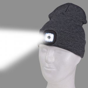 Strickmütze Mütze Beanie Wintermütze grau m. LED Lampe Stirnlampe aufladbar